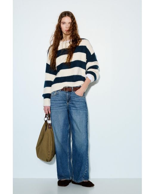 Pull&Bear Blue Chunky Knit Striped Sweater