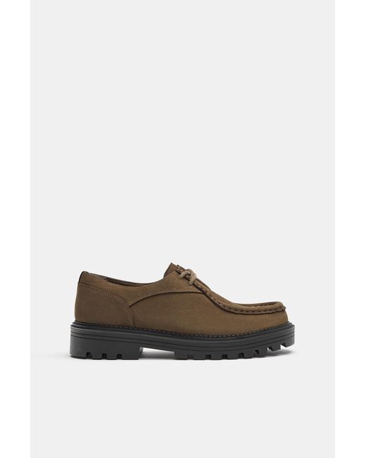 Pull&Bear Blue Lace-Up Leather Flat Shoes for men