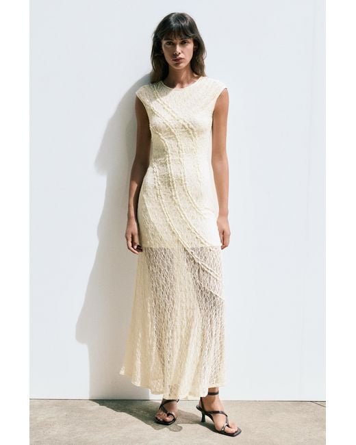 Pull&Bear Natural Fitted Lace Midi Dress
