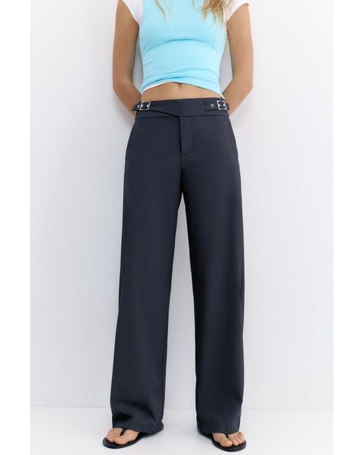 Pull&Bear Blue Barrel Trousers With Buckles