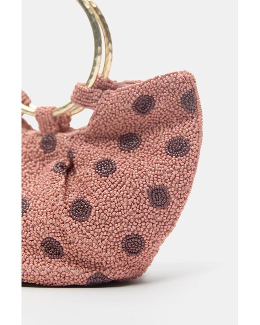 Pull&Bear Pink Polka Dot Beaded Handbag With Metal Handle