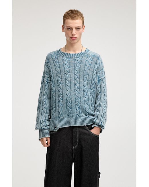 Pull&Bear Blue Stwd Cable-Knit Jumper With Ripped Details for men