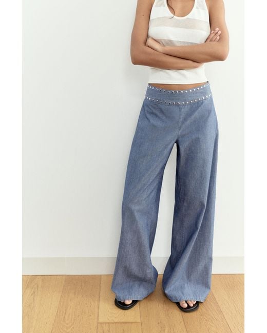 Pull&Bear Blue Wide-Leg Jeans With Studs