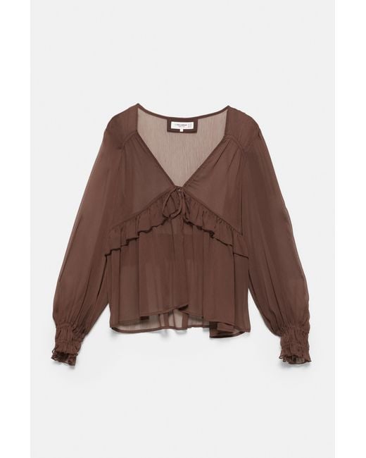 Pull&Bear Brown Sheer Blouse With Ruffle