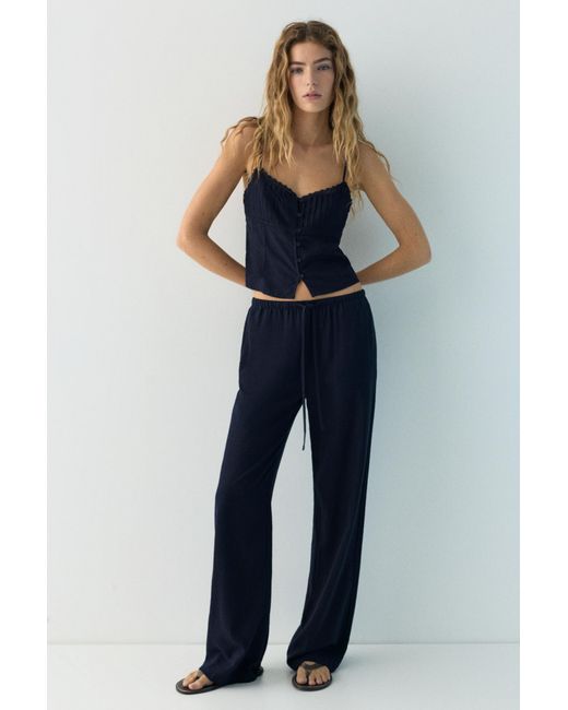 Pull&Bear Blue Lace-Trimmed Camisole Crop Top