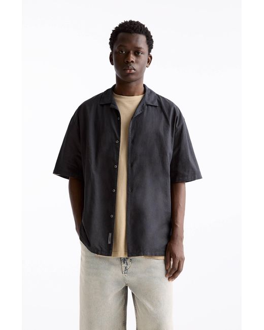 Pull&Bear Black Basic Short Sleeve Linen Blend Shirt for men