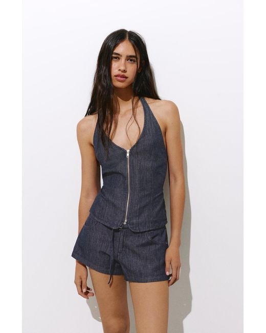 Pull&Bear Brown Denim Halter Top With Zip