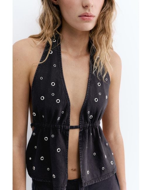 Pull&Bear Denim Haltertop Met Eyelets in het Black