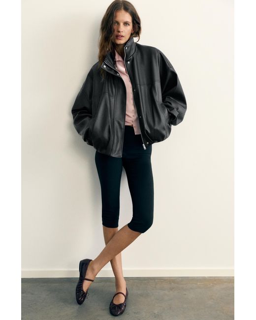 Pull&Bear Gray Leather-Effect Balloon Bomber Jacket