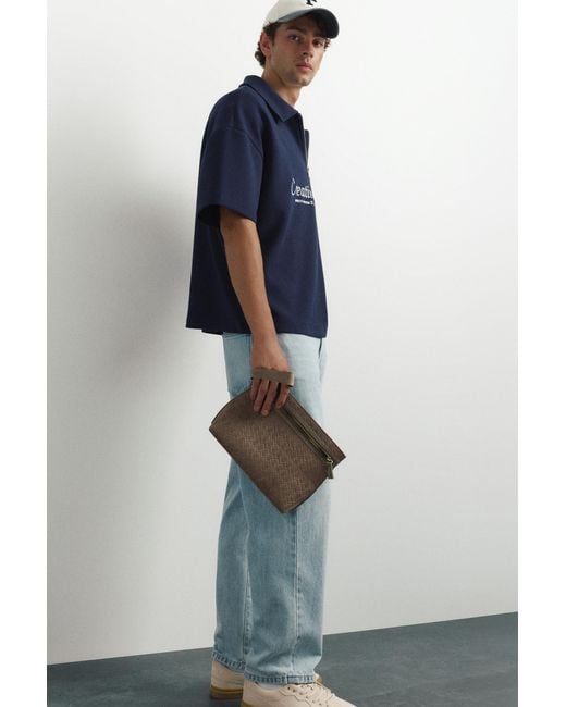 Pull&Bear Blue Embossed Handle Clutch Bag for men