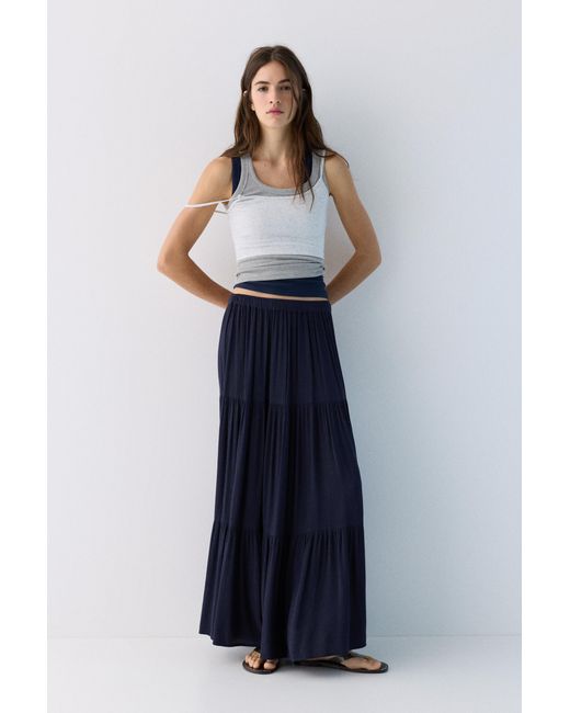 Pull&Bear Blue Flowy Paneled Midi Skirt