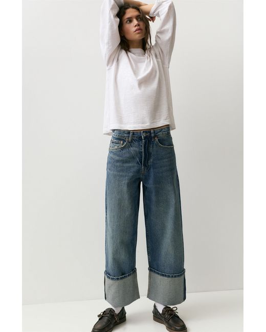 Pull&Bear Blue Loose Straight-Leg Jeans With Turn-Up Hems