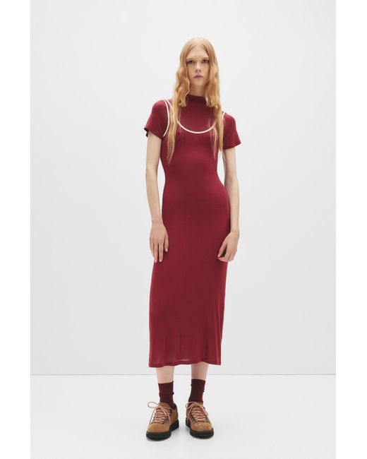 Pull&Bear Red Double Rib Midi Dress