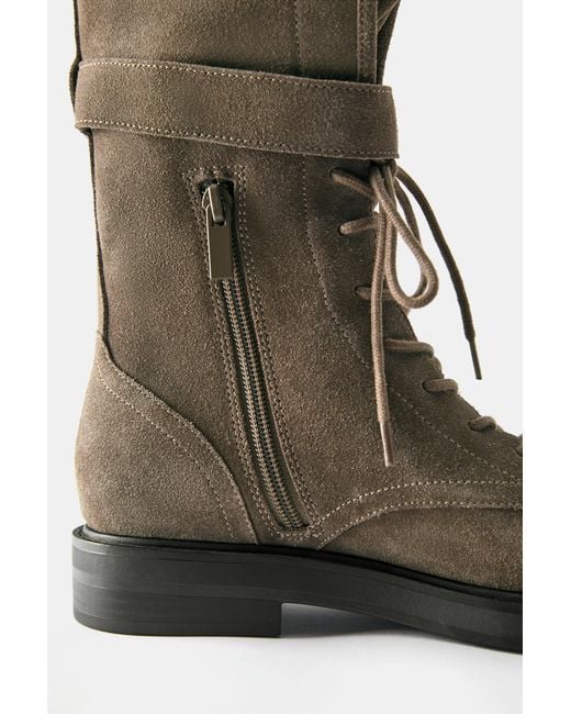 Pull&Bear Gray Lace-Up Leather Flat Boots