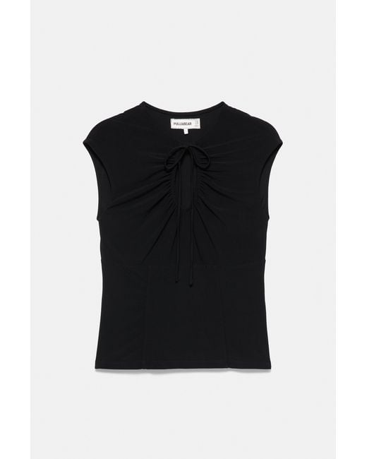 Pull&Bear Blue Gathered Tie-Neck Top