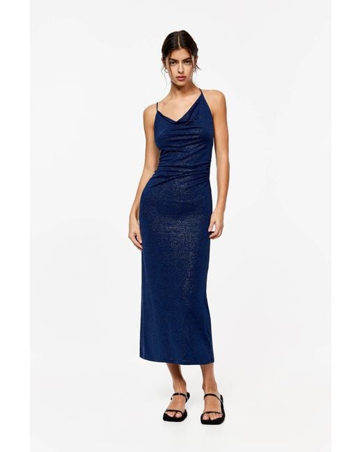 Pull&Bear Blue Draped Metallic Midi Dress