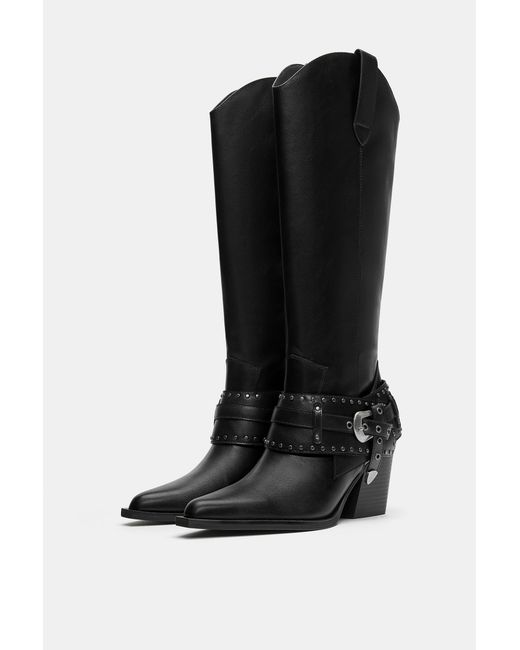 Pull&Bear Black Cowboy Buckle Boots
