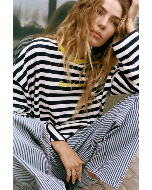 Pull&Bear Black Striped T-Shirt With Contrast Embroidery