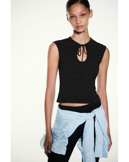 Pull&Bear Blue Gathered Tie-Neck Top