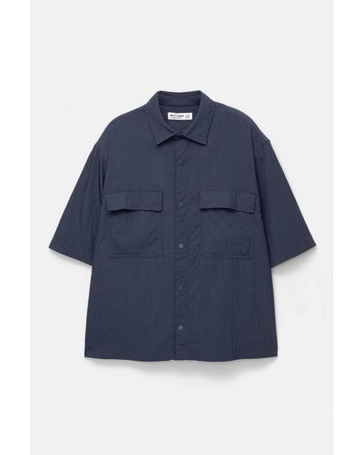 Pull&Bear Blue Flowing Short Sleeve Utility Shirt for men