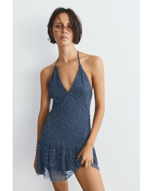 Pull&Bear Blue Short Halter Beaded Dress