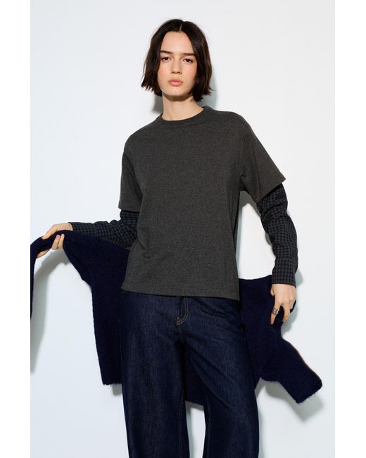Pull&Bear Black Double Sleeve Checked T-Shirt