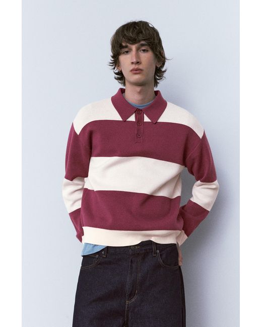 Pull&Bear Red Paneled Knit Polo Shirt for men