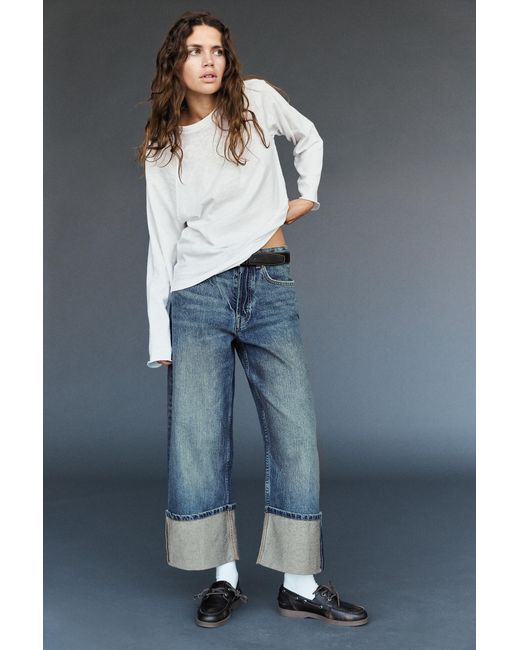 Pull&Bear Blue Loose Straight-Leg Jeans With Turn-Up Hems