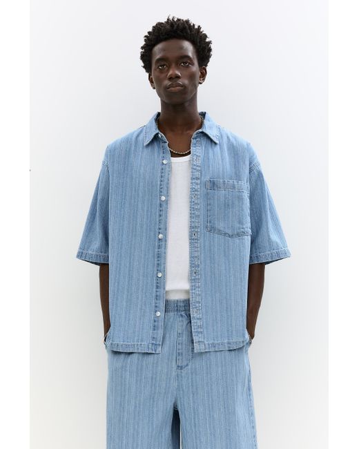 Pull&Bear Blue Short Sleeve Striped Jacquard Shirt for men