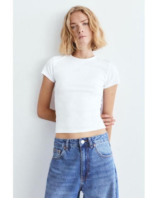Pull&Bear White Ribbed Short Sleeve T-Shirt