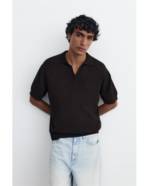 Pull&Bear Black Terry Textured Polo Shirt for men