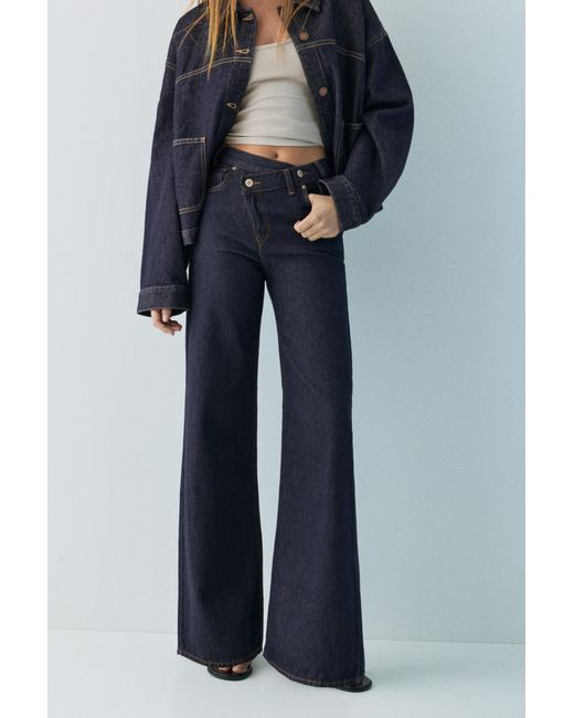 Pull&Bear Blue Wide Leg Jeans With Crossover Waistband