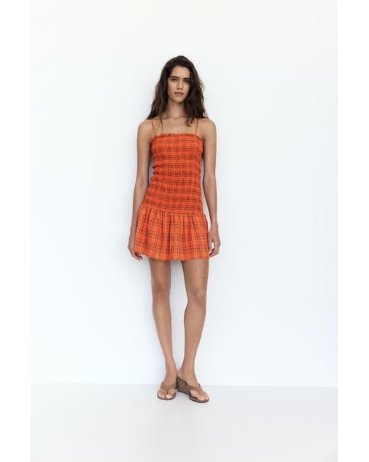 Pull&Bear Red Check Smocked Dress