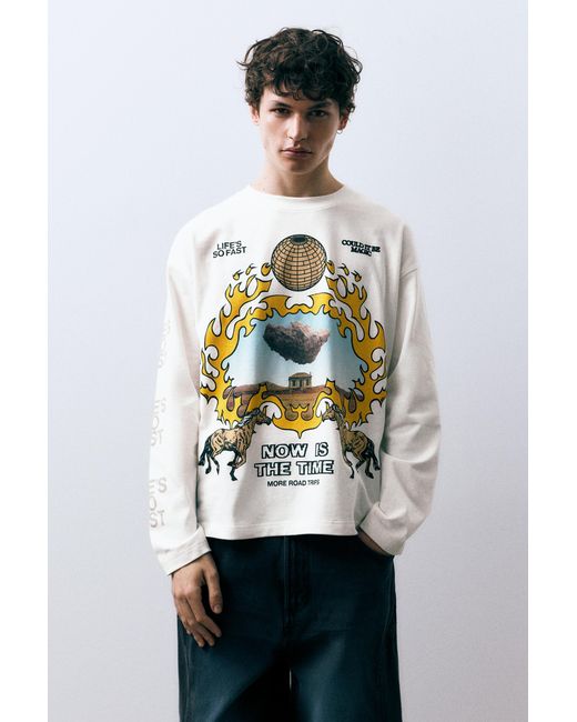Pull&Bear Blue Long Sleeve Graphic Print T-Shirt for men