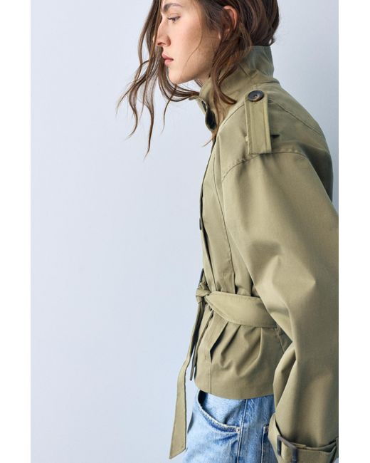 Pull&Bear Green Cropped High Neck Trench Coat