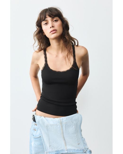 Pull&Bear Black Lace-Trim Tank Top