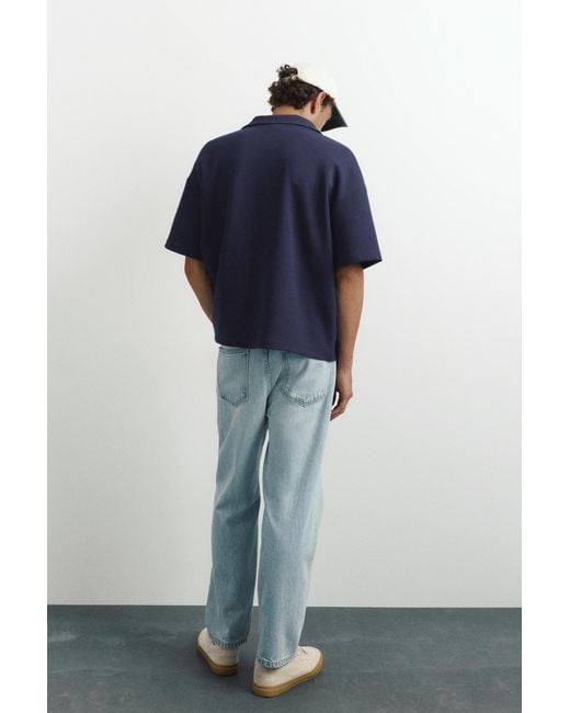 Pull&Bear Blue Graphic Zip Interlock Polo Shirt for men