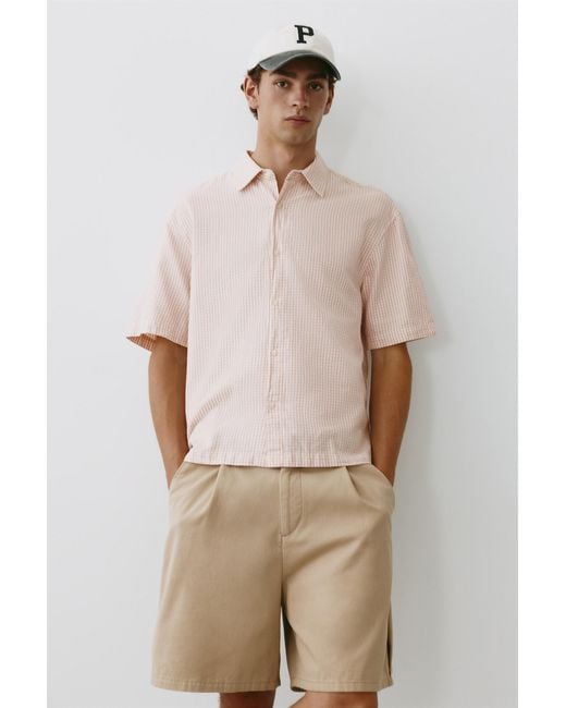 Pull&Bear Natural Short Sleeve Check Shirt for men