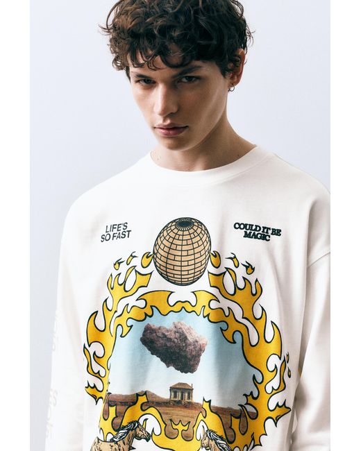 Pull&Bear Blue Long Sleeve Graphic Print T-Shirt for men
