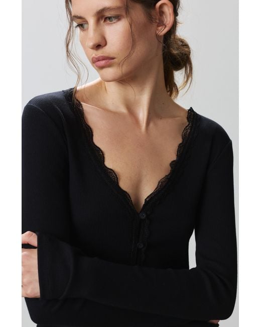 Pull&Bear Black Lace Button-Up T-Shirt