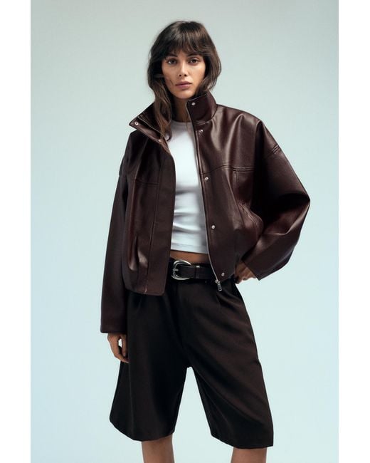 Pull&Bear Brown Leather-Effect Balloon Jacket