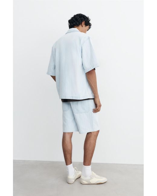 Pull&Bear White Zip-Up Denim Shirt for men