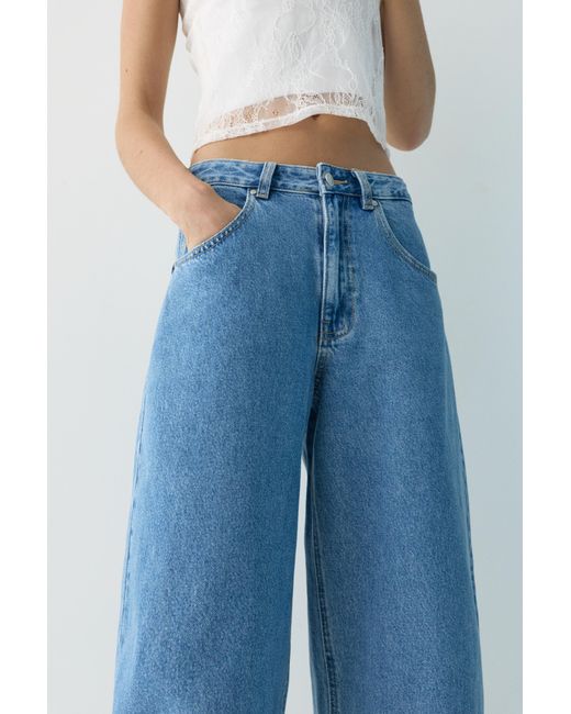 Pull&Bear Blue Balloon Fit Jeans With Embroidered Text