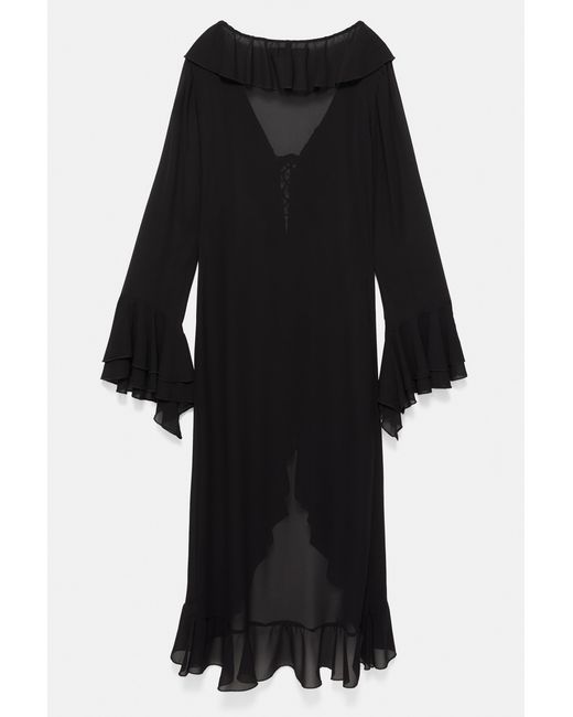 Pull&Bear Black Long Ruffle Kimono