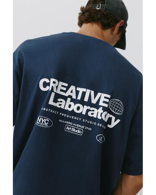 Pull&Bear Blue Creative Laboratory Graphic T-Shirt for men