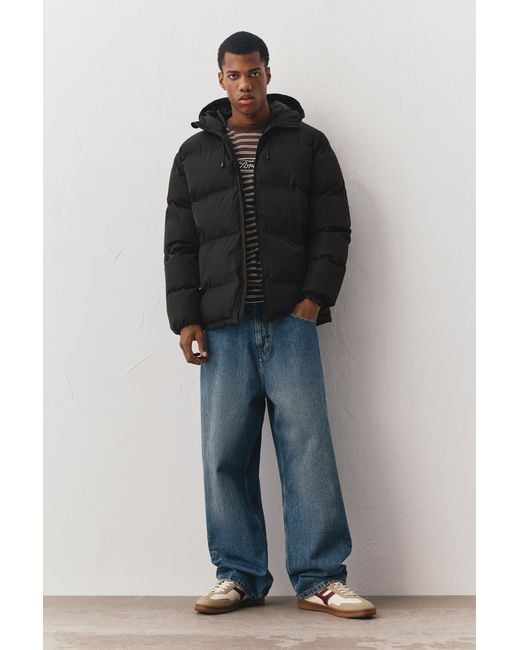 Pull&Bear Black Heat-Sealed Quilted Jacket With Hood for men