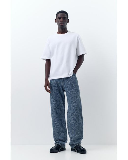 Pull&Bear Blue Straight Jacquard Paisley Jeans for men