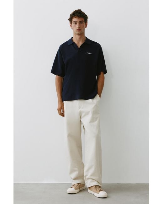 Pull&Bear Black Short Sleeve Waffle-Knit Polo Shirt for men