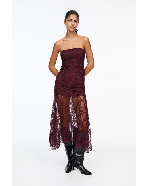 Pull&Bear Red Lace-Trimmed Midi Dress