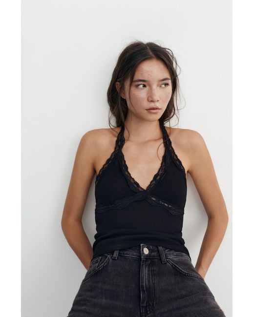 Pull&Bear Black Lace-Trim Halter Top